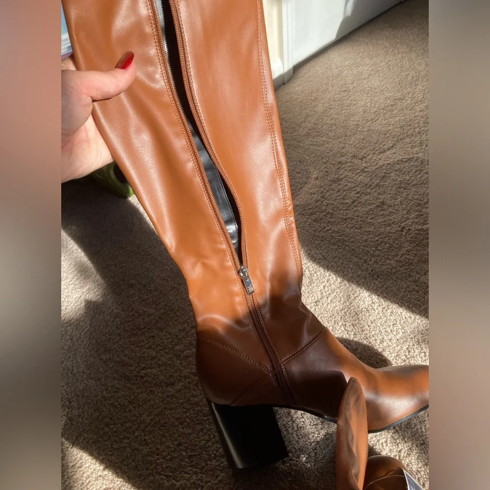 NWT perfect fall brown chunky heel knee high faux leather boots - Picture 7 of 7